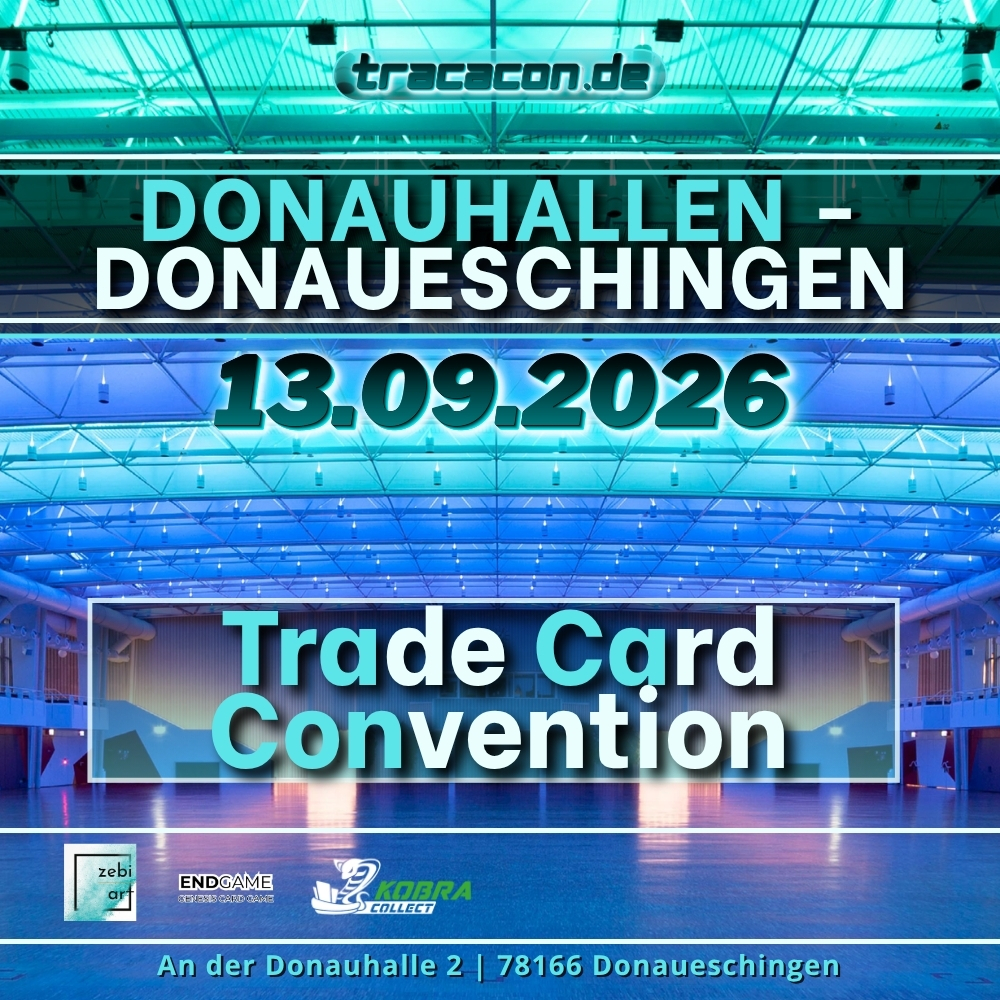 Hier in den donauhallen in der Friedrichstraße in Donaueschingen findet am 13. September 2026 die Tracacon Pokémon Karten Messe welche auch als card show oder Trade Card Convention sowie Sammelkarten Messe genannt wird.